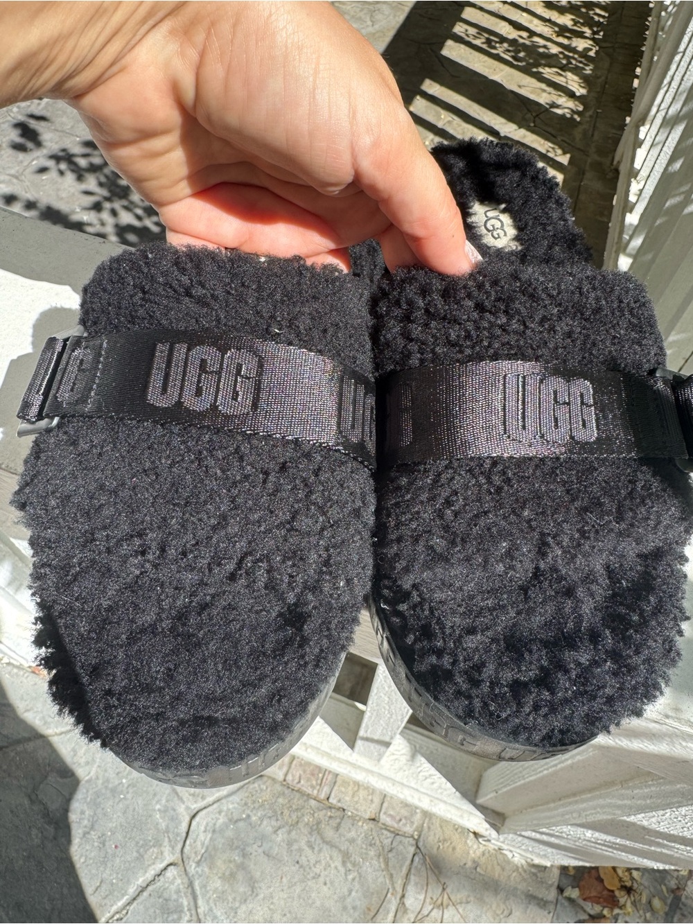 UGG Black Fuzzy Logo Strap Slides  Authentic